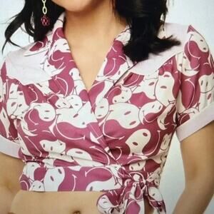 Unique VintageX Smiley Womens M (6/8) Crop Top Purple Yin Yang Smiley #0131